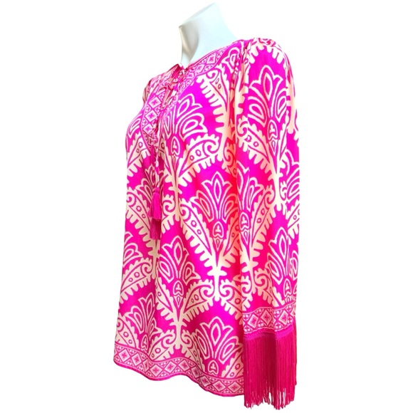 Flying Tomato Tops - Flying Tomato Pink and Cream Patterned Tunic wide Fringed Sleeves